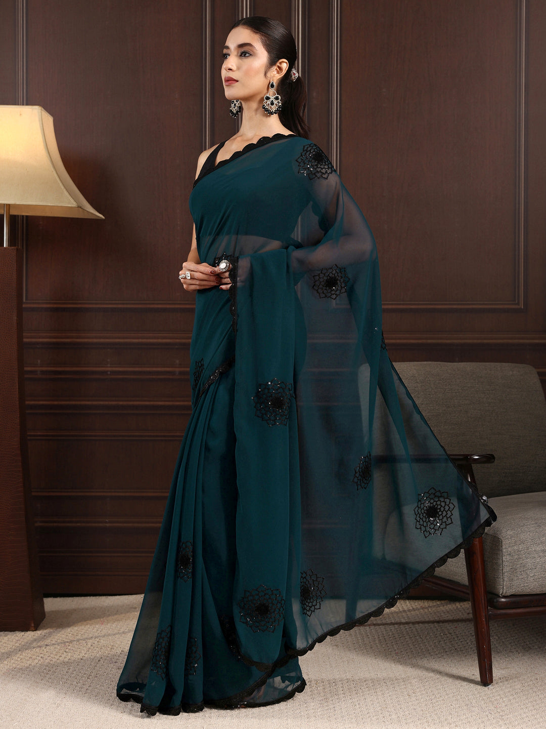 Libas Deep Blue Floral Sequin Embellished Georgette Saree