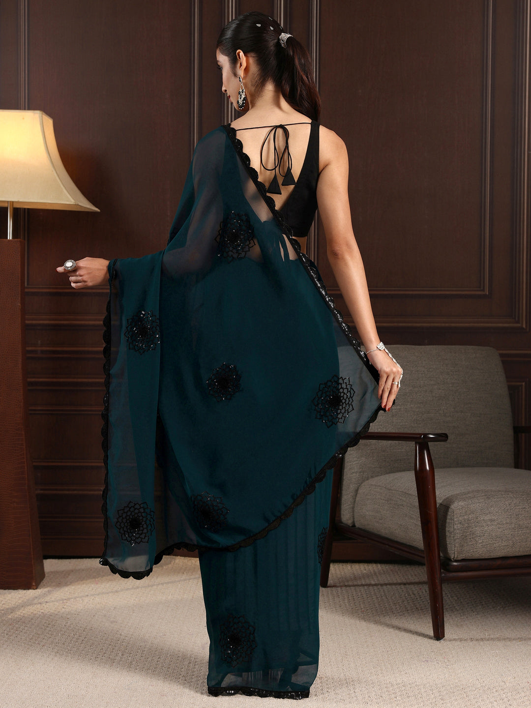 Libas Deep Blue Floral Sequin Embellished Georgette Saree