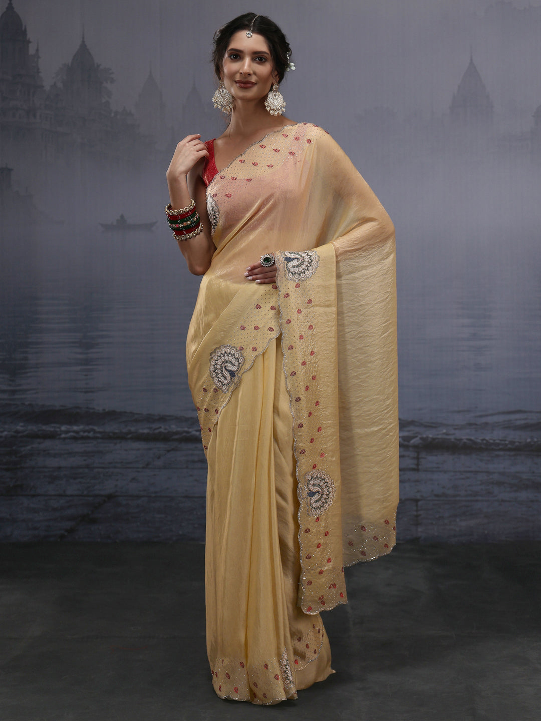 Libas Yellow Tissue Saree with Embellished Border