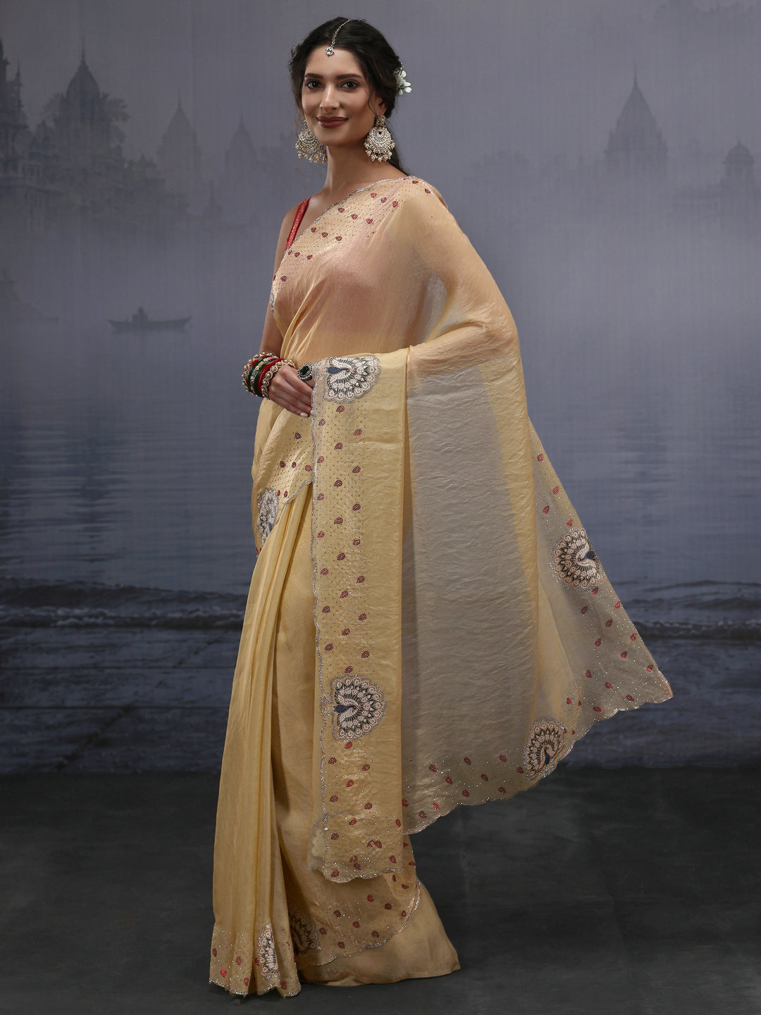 Libas Yellow Tissue Saree with Embellished Border