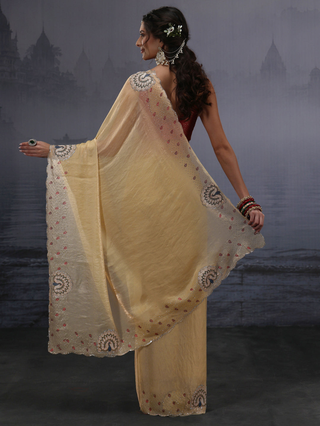 Libas Yellow Tissue Saree with Embellished Border