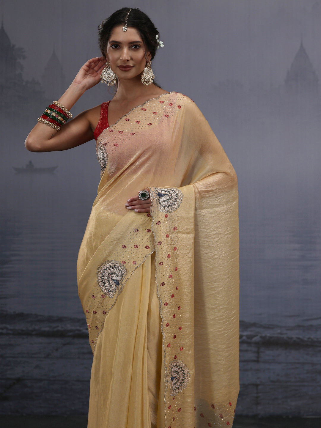 Libas Yellow Tissue Saree with Embellished Border