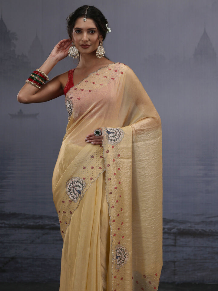 Libas Yellow Tissue Saree with Embellished Border