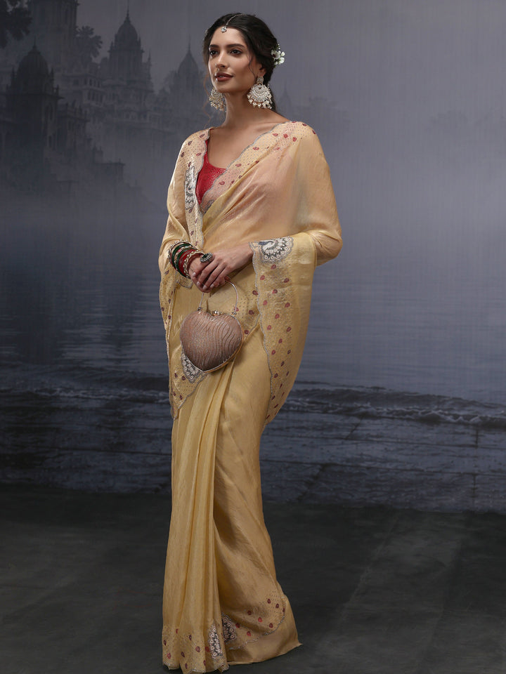 Libas Yellow Tissue Saree with Embellished Border