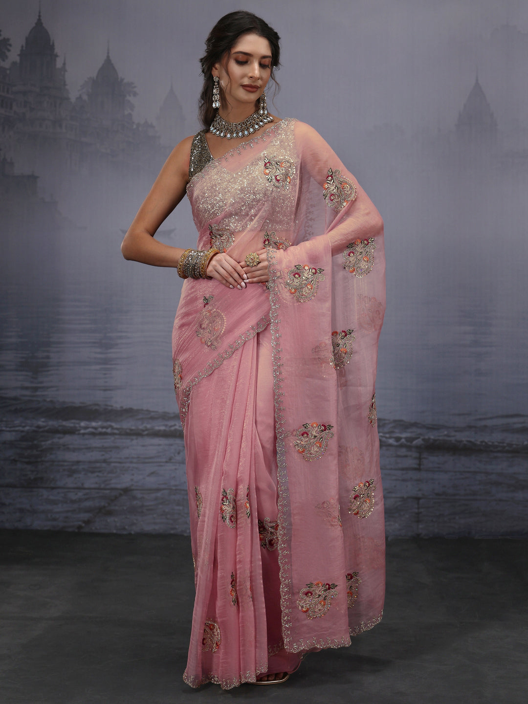 Libas Pink Floral Embroidered Tissue Saree