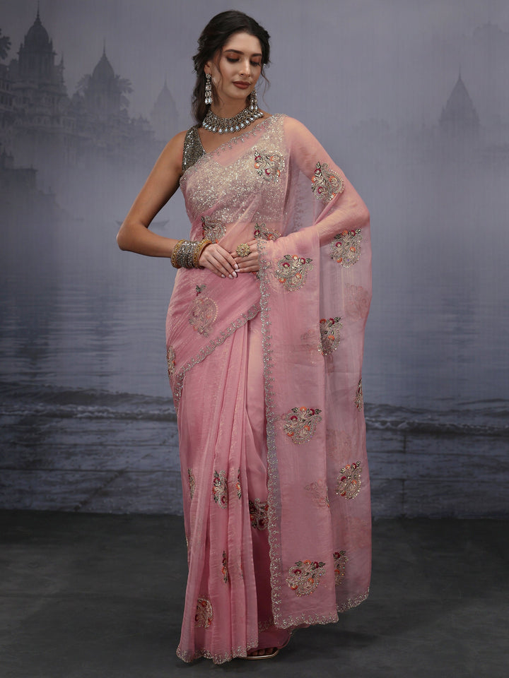 Libas Pink Floral Embroidered Tissue Saree
