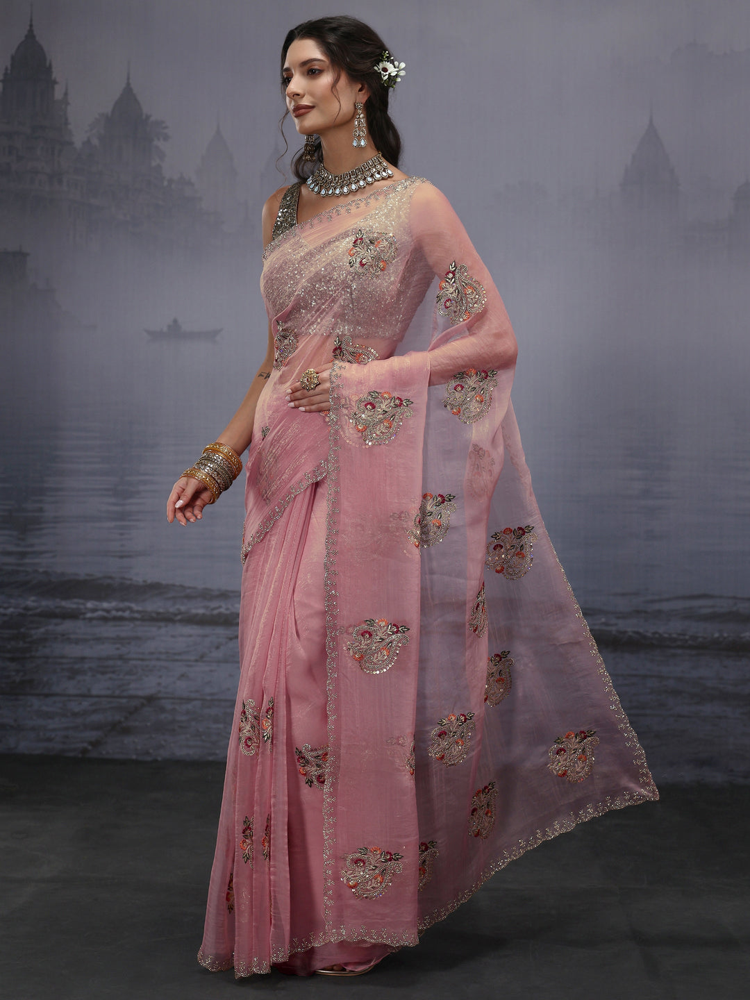 Libas Pink Floral Embroidered Tissue Saree