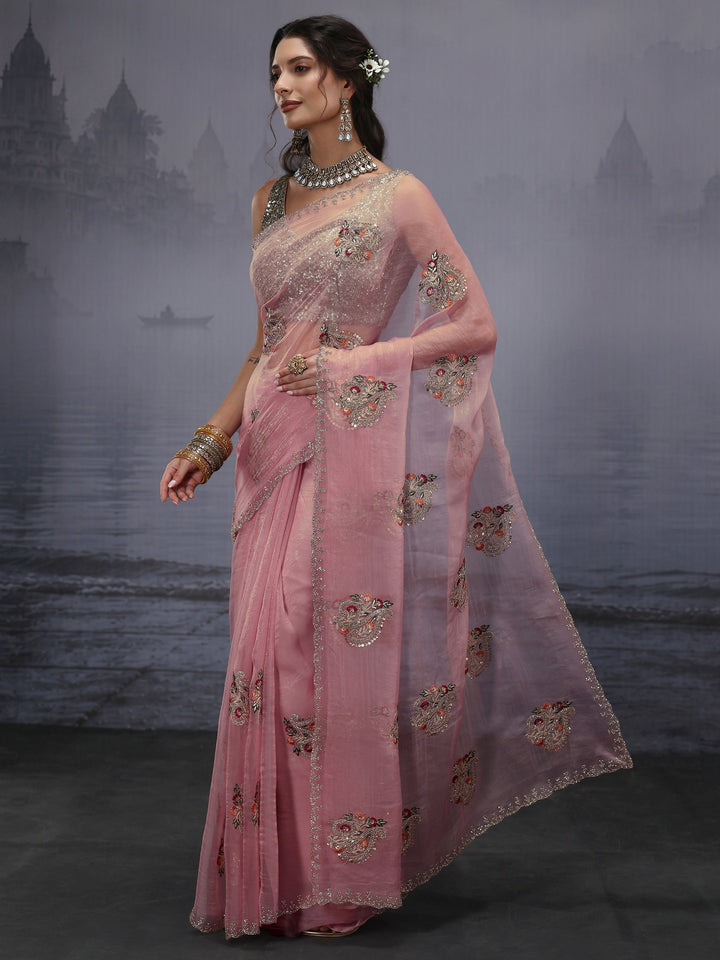 Libas Pink Floral Embroidered Tissue Saree