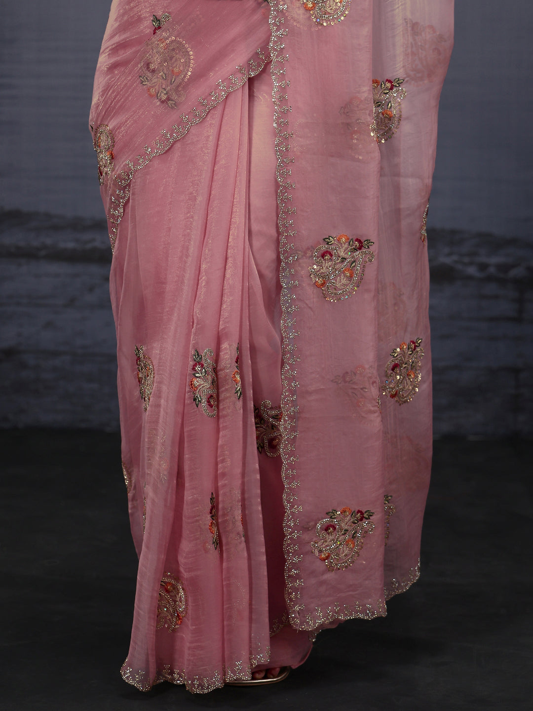 Libas Pink Floral Embroidered Tissue Saree