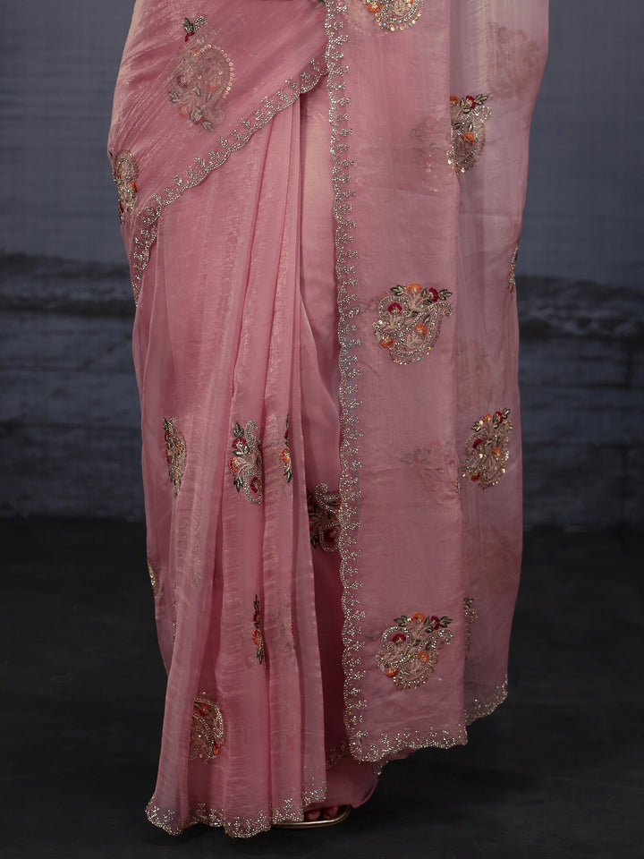 Libas Pink Floral Embroidered Tissue Saree