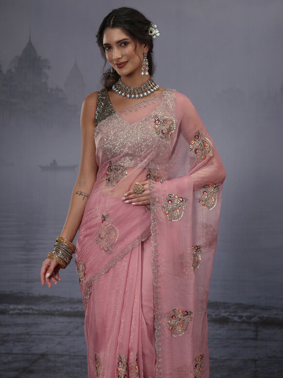 Libas Pink Floral Embroidered Tissue Saree