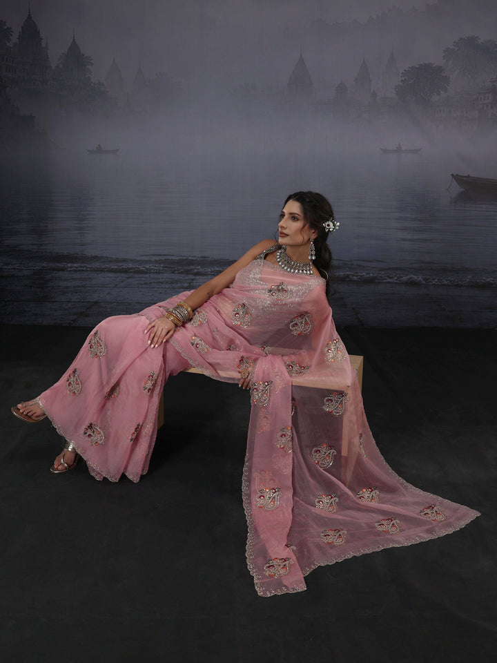 Libas Pink Floral Embroidered Tissue Saree
