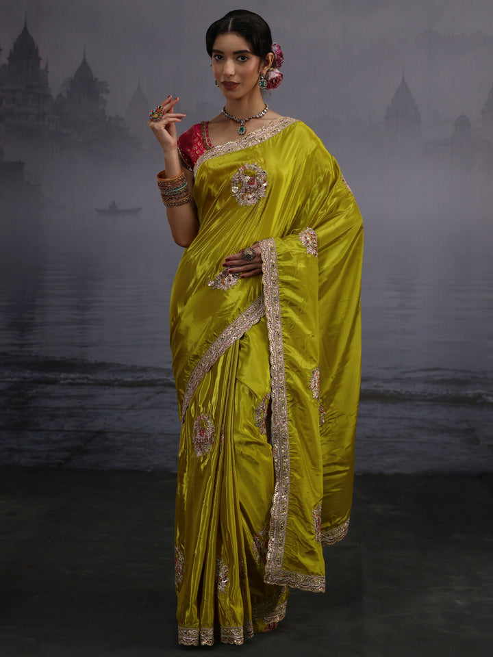 Libas Green Elephant Motif Embroidered Satin Saree