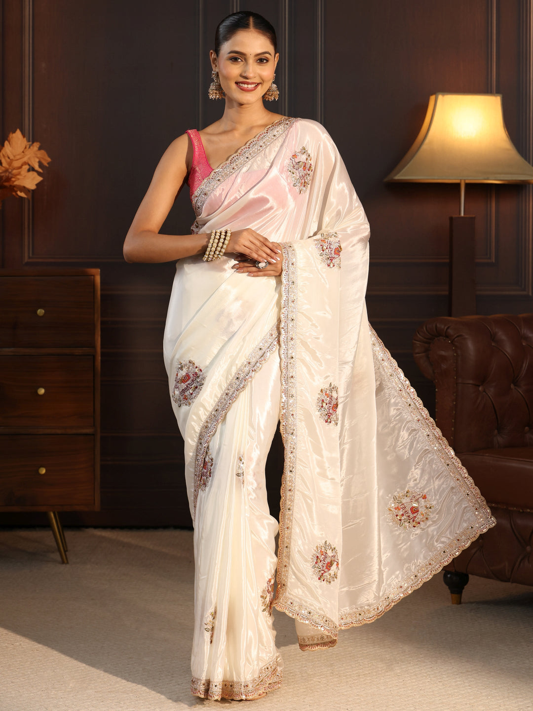 Libas White Floral Embellished Satin Saree