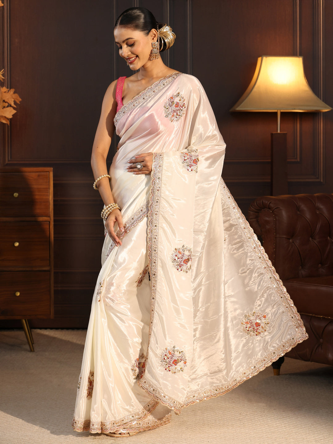 Libas White Floral Embellished Satin Saree