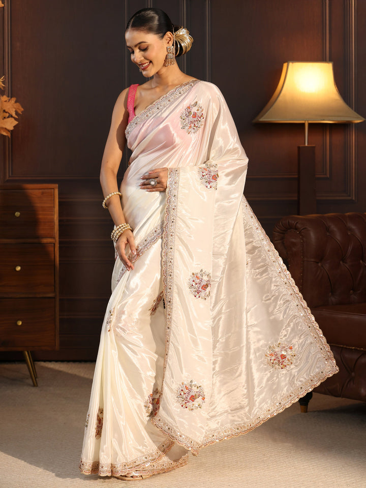 Libas White Floral Embellished Satin Saree