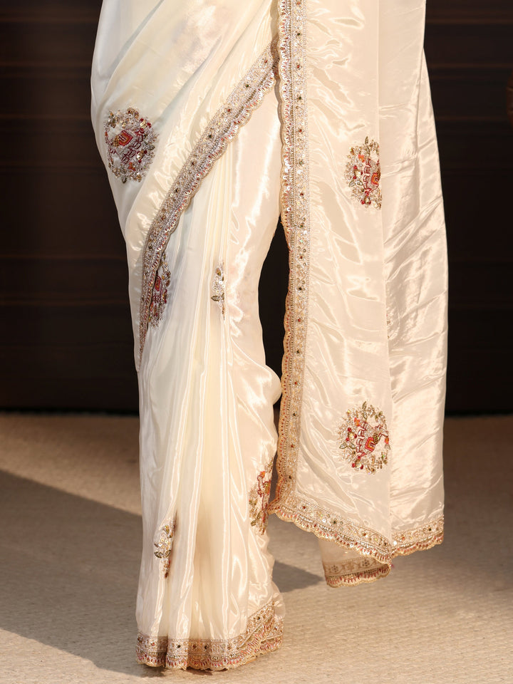 Libas White Floral Embellished Satin Saree