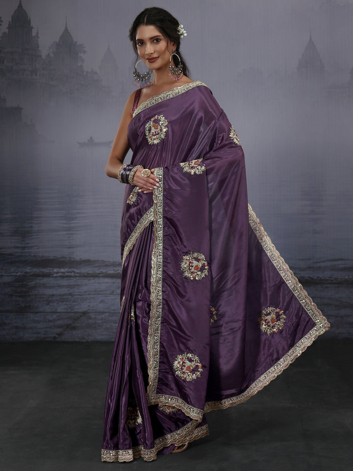Libas Purple Elephant Motif Embroidered Satin Saree