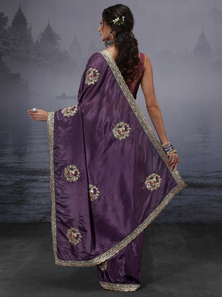 Libas Purple Elephant Motif Embroidered Satin Saree