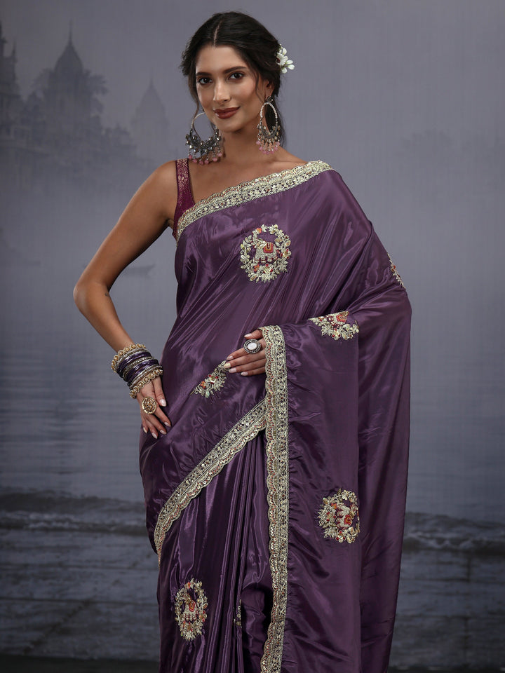 Libas Purple Elephant Motif Embroidered Satin Saree