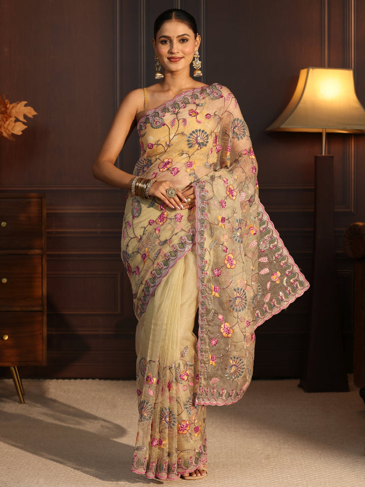 Libas Art Light Green Floral Stone Work Embellished Tissue Saree