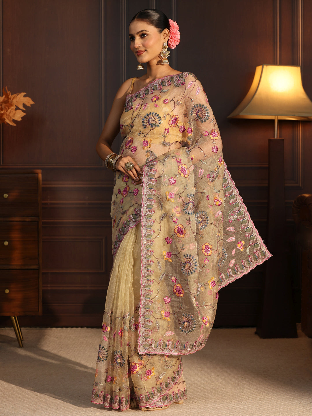 Libas Art Light Green Floral Stone Work Embellished Tissue Saree