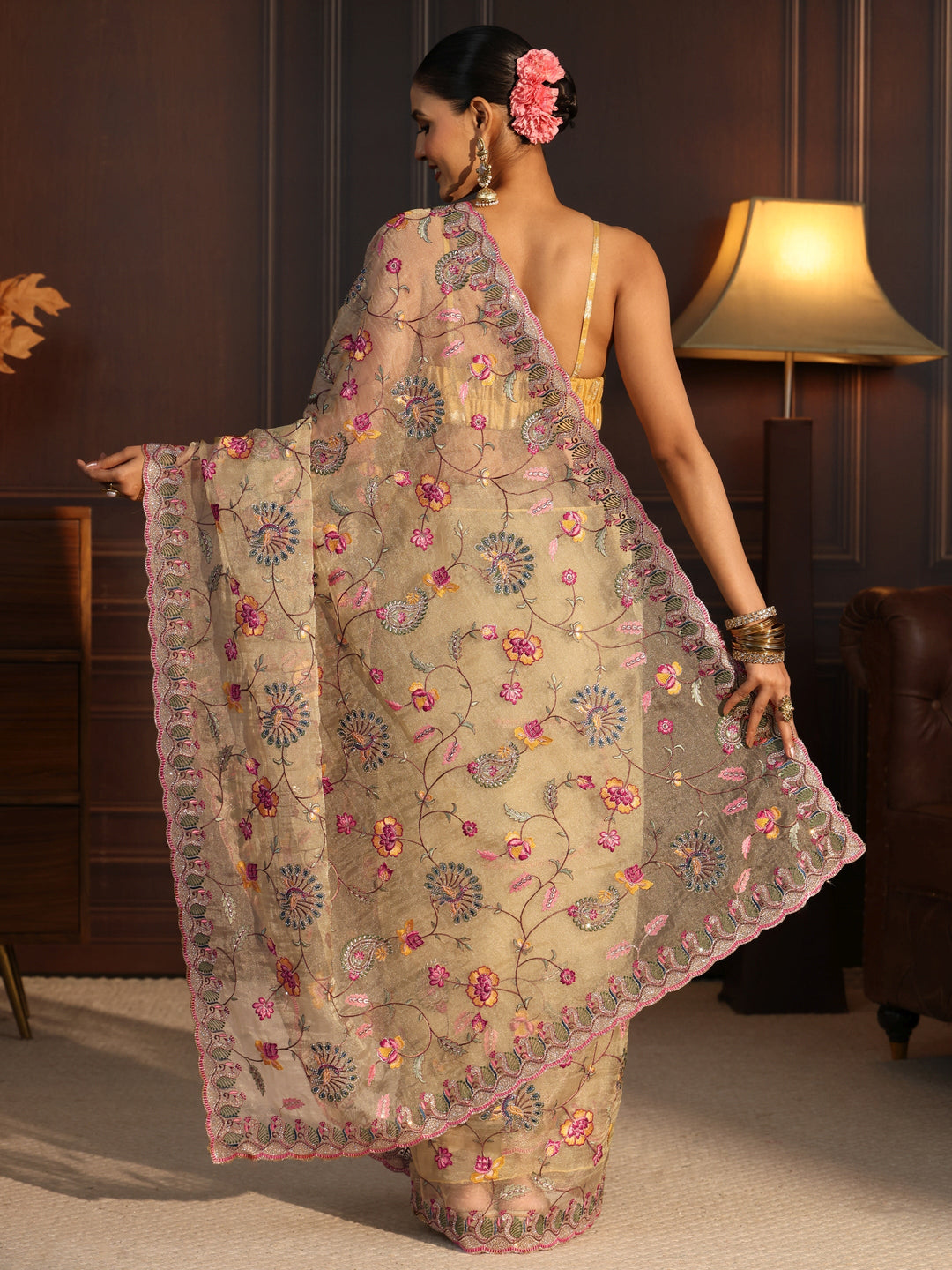 Libas Art Light Green Floral Stone Work Embellished Tissue Saree