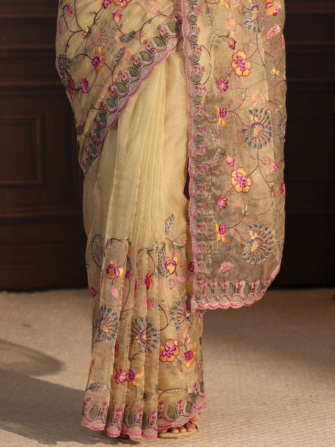 Libas Art Light Green Floral Stone Work Embellished Tissue Saree