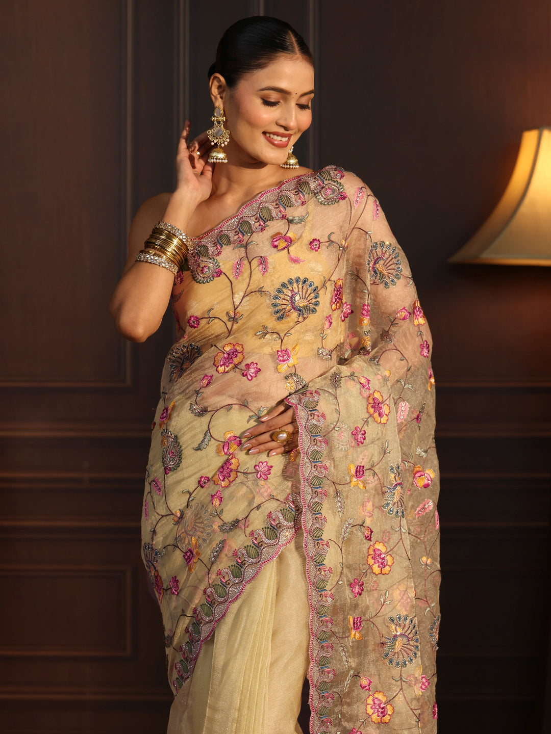 Libas Art Light Green Floral Stone Work Embellished Tissue Saree