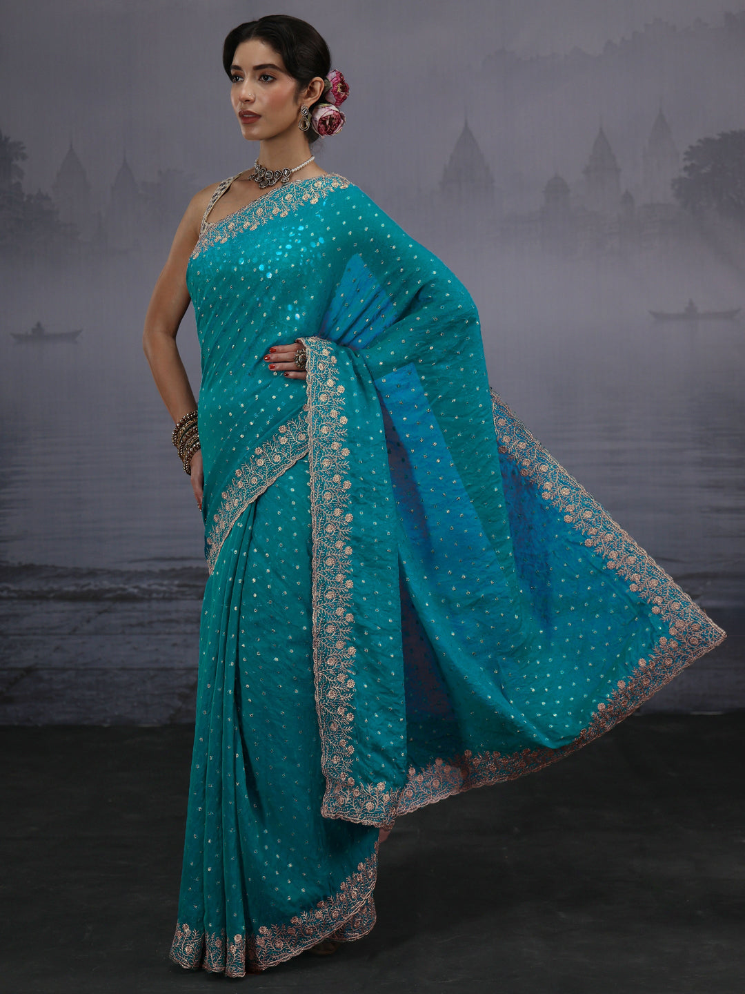 Libas Blue Woven Design Tissue Saree with Embroidered Border