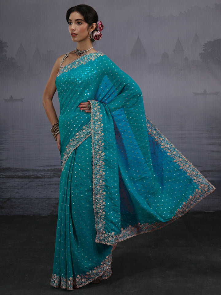 Libas Blue Woven Design Tissue Saree with Embroidered Border