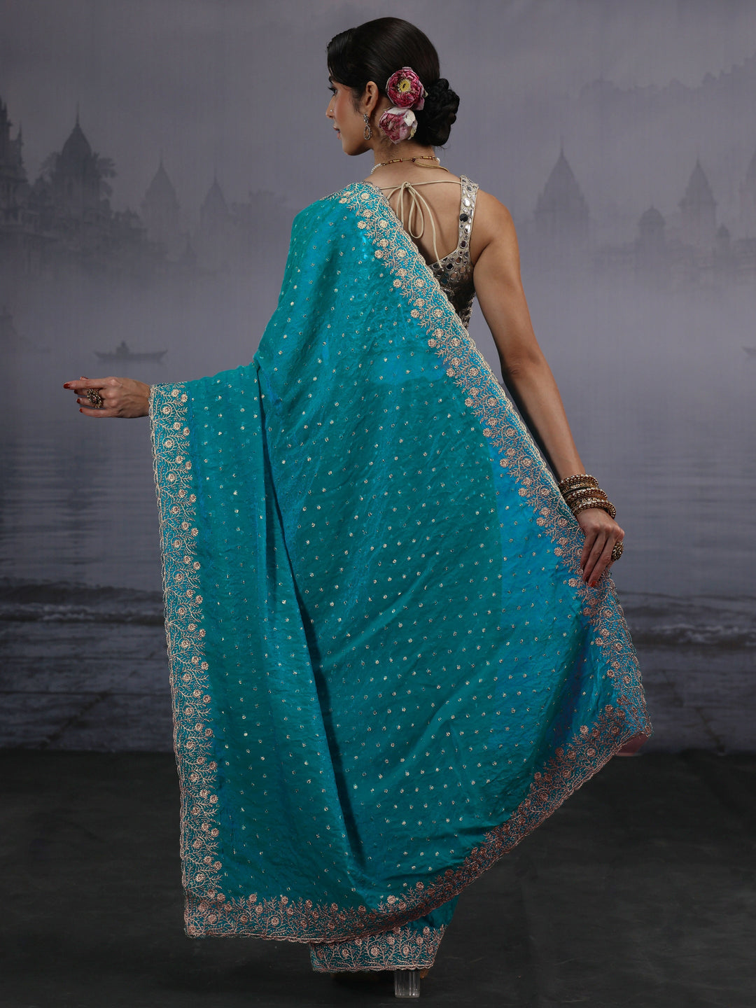 Libas Blue Woven Design Tissue Saree with Embroidered Border