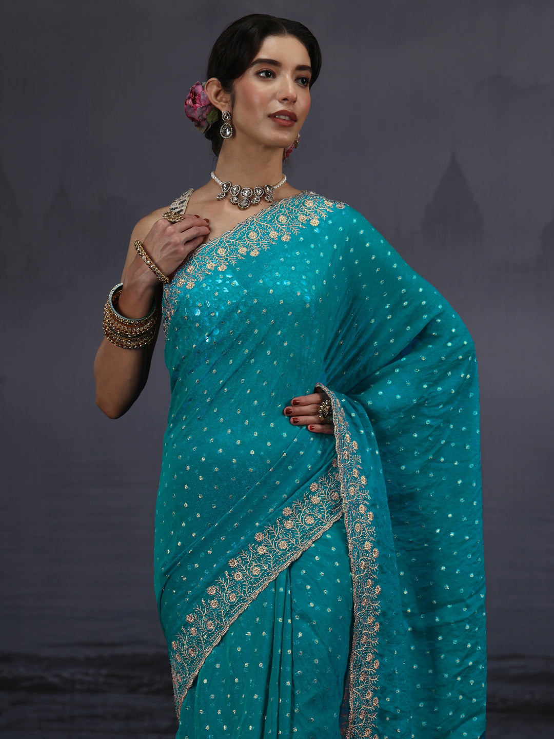 Libas Blue Woven Design Tissue Saree with Embroidered Border