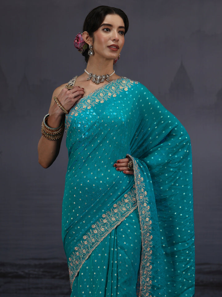 Libas Blue Woven Design Tissue Saree with Embroidered Border