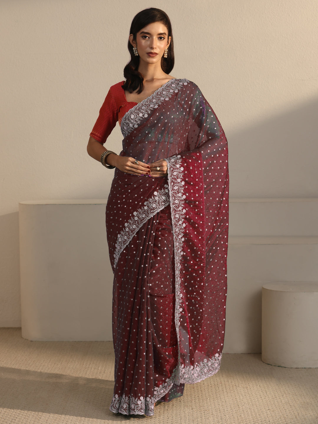 Libas Maroon Woven Design Tissue Saree with Floral Border