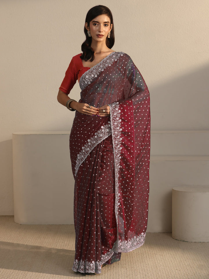 Libas Maroon Woven Design Tissue Saree with Floral Border