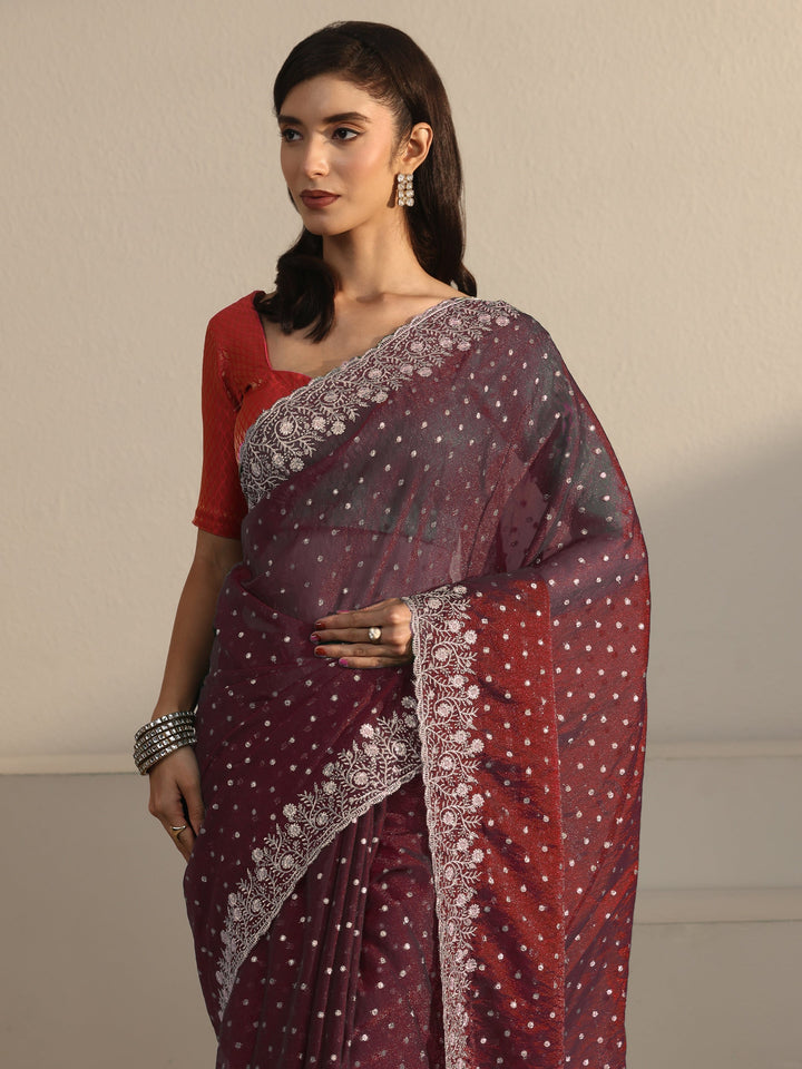 Libas Maroon Woven Design Tissue Saree with Floral Border