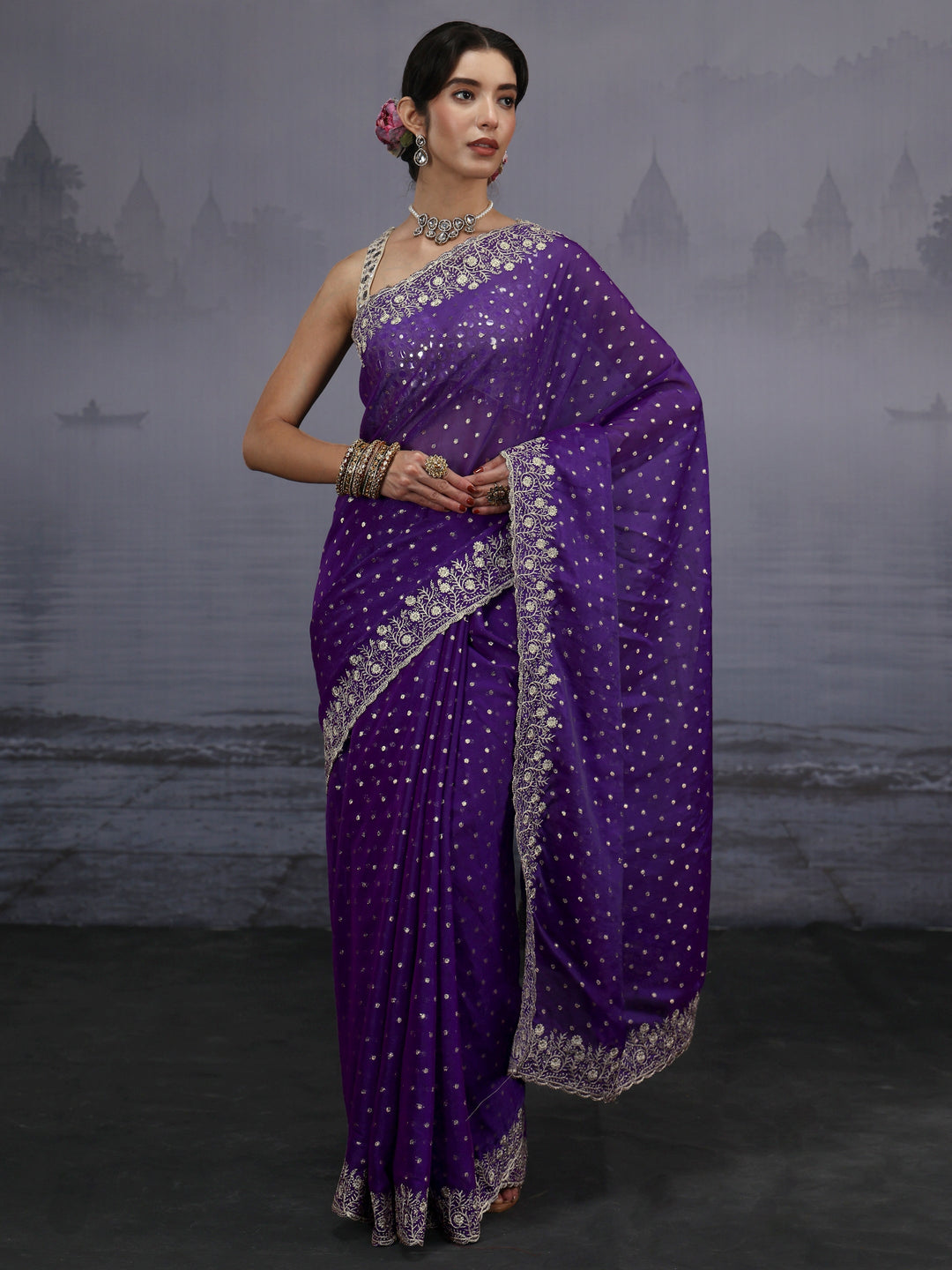 Libas Purple Woven Design Tissue Saree with Embroidered Border