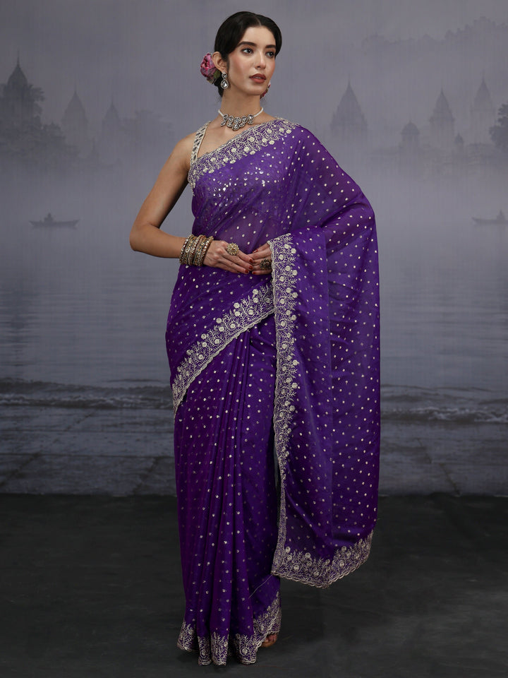 Libas Purple Woven Design Tissue Saree with Embroidered Border