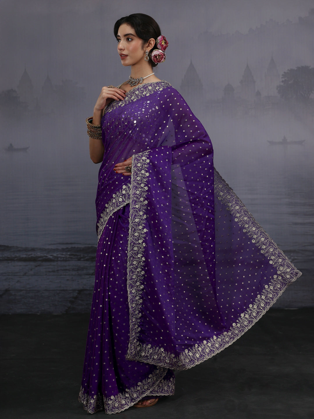 Libas Purple Woven Design Tissue Saree with Embroidered Border