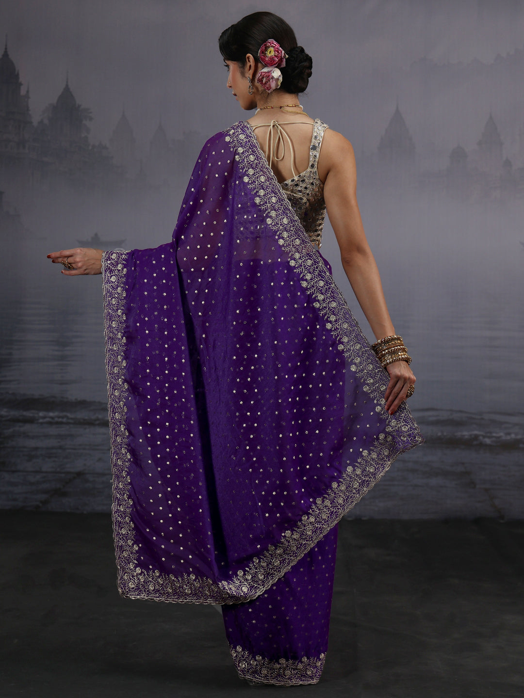 Libas Purple Woven Design Tissue Saree with Embroidered Border