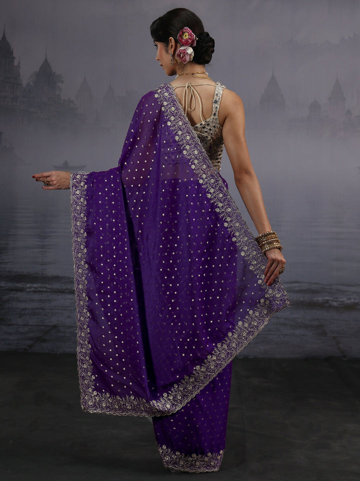 Libas Purple Woven Design Tissue Saree with Embroidered Border