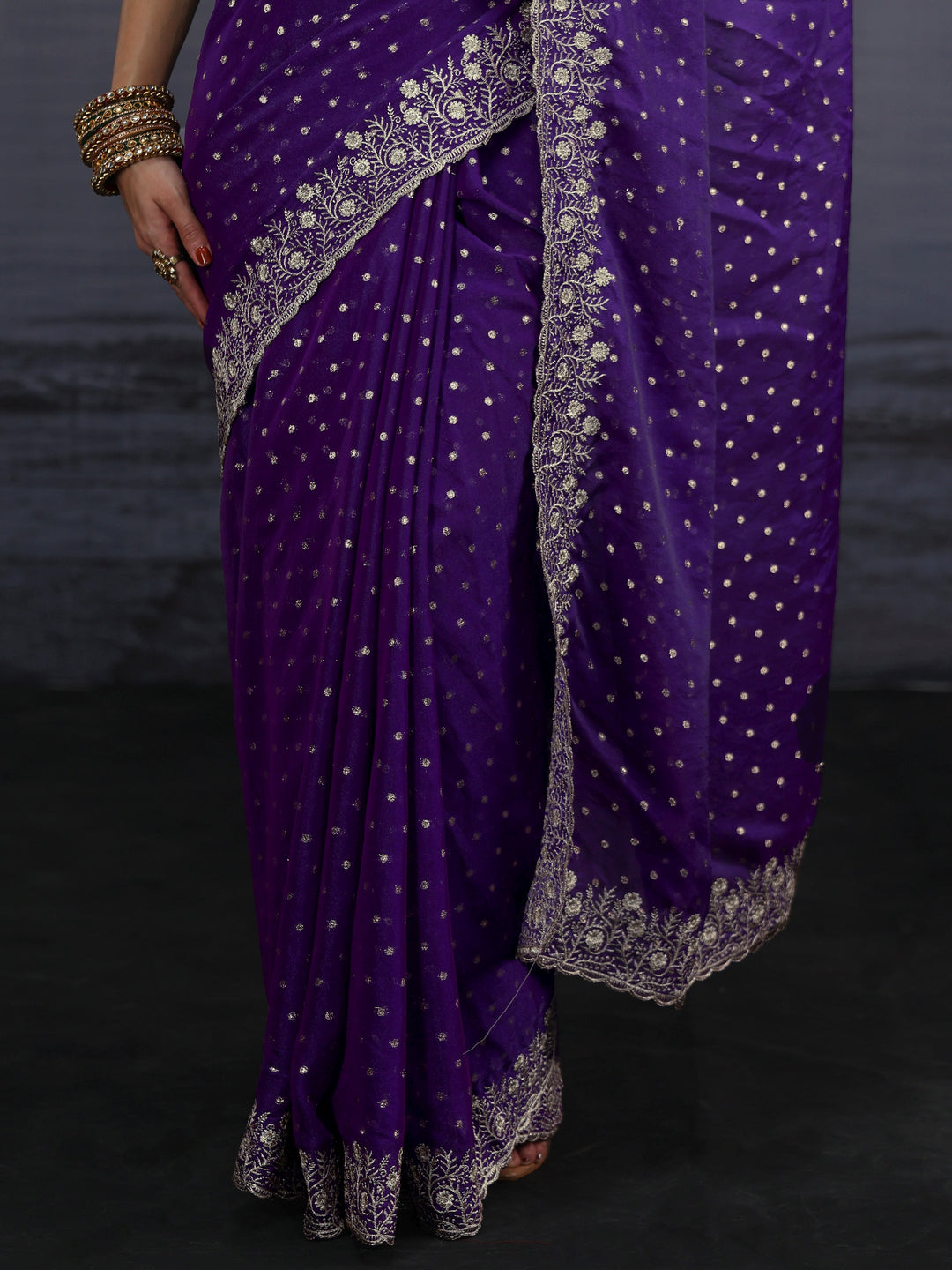 Libas Purple Woven Design Tissue Saree with Embroidered Border