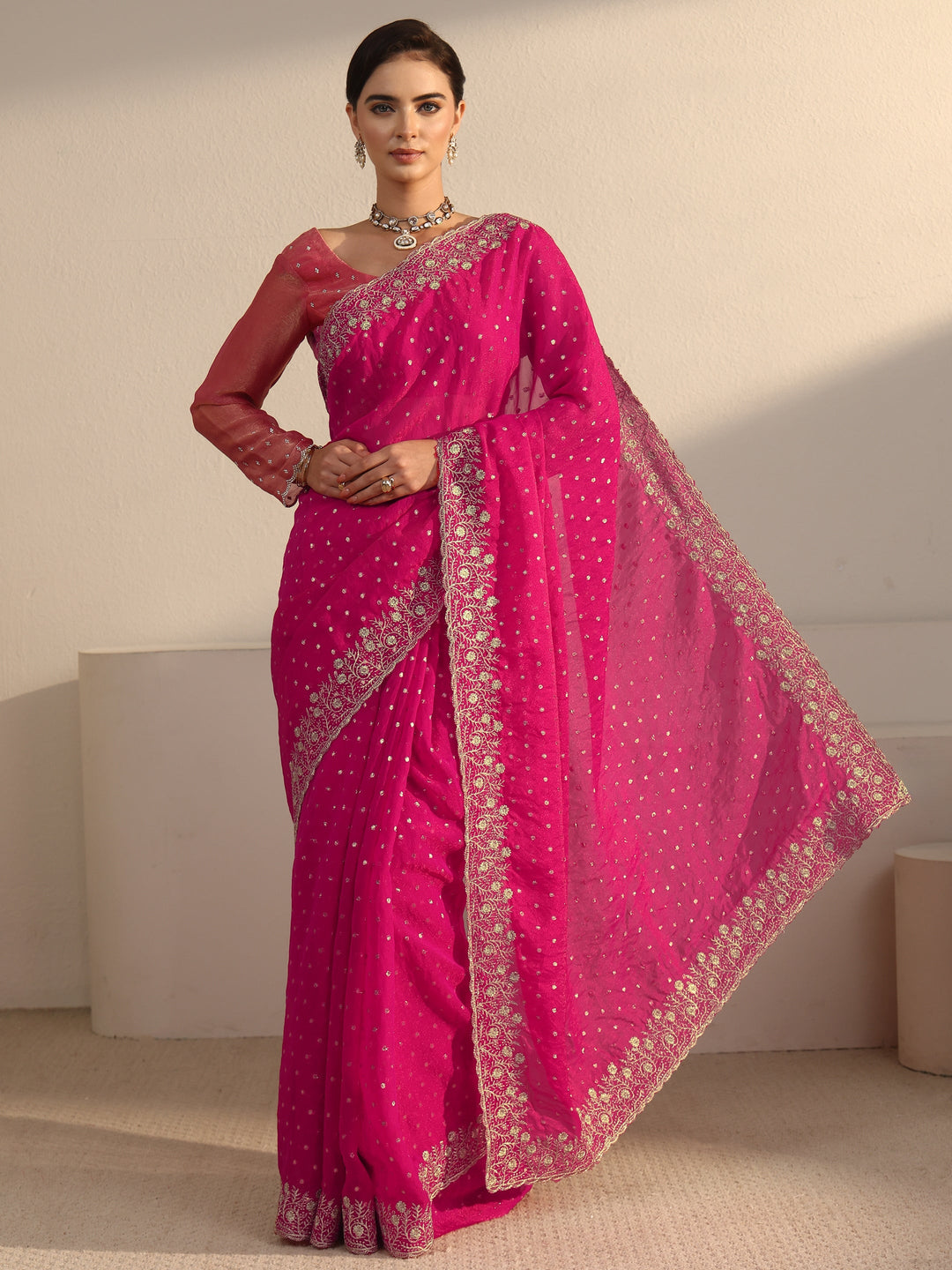 Libas Fuchsia Pink Woven Design Tissue Saree with Floral Border