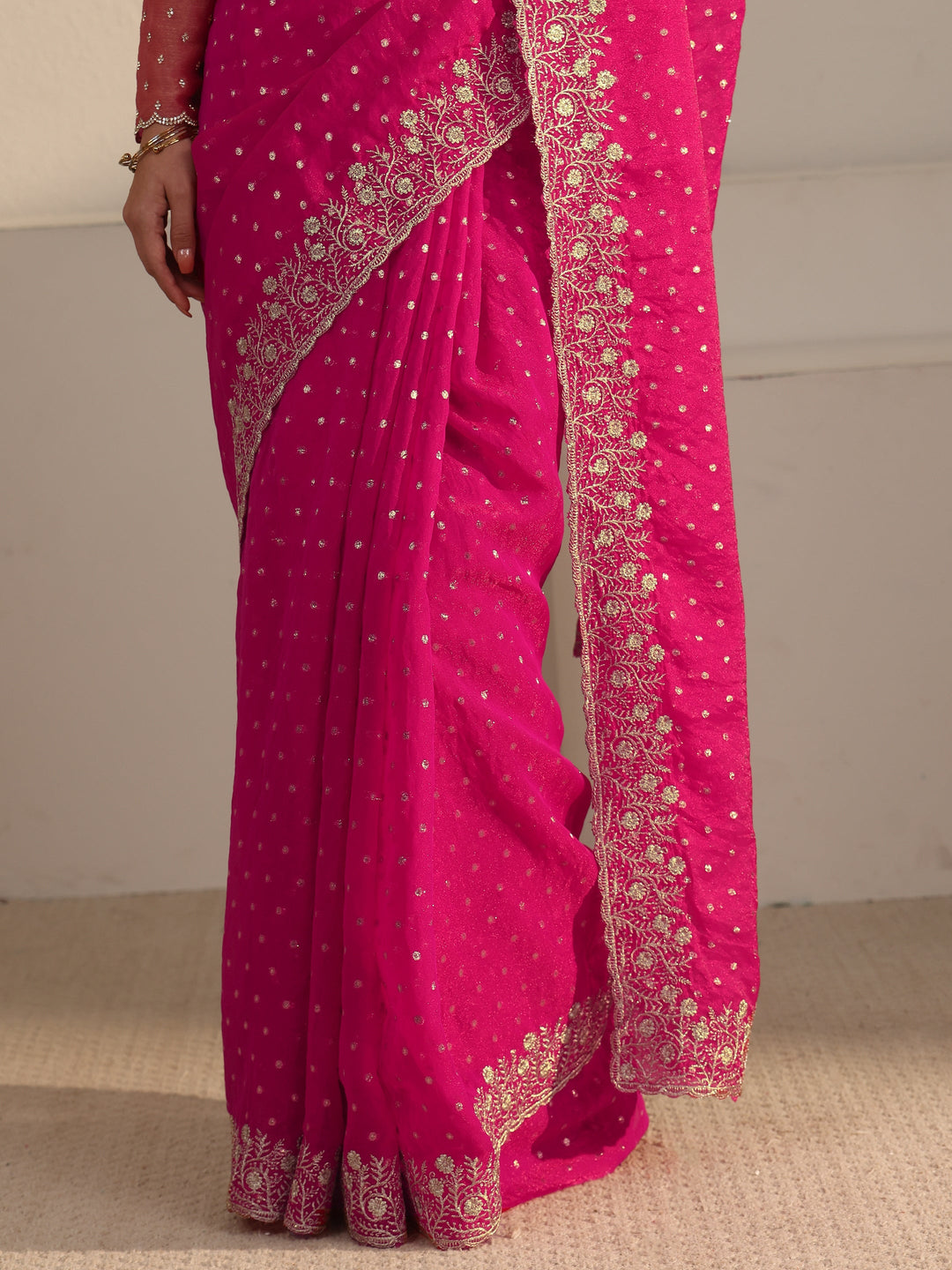 Libas Fuchsia Pink Woven Design Tissue Saree with Floral Border