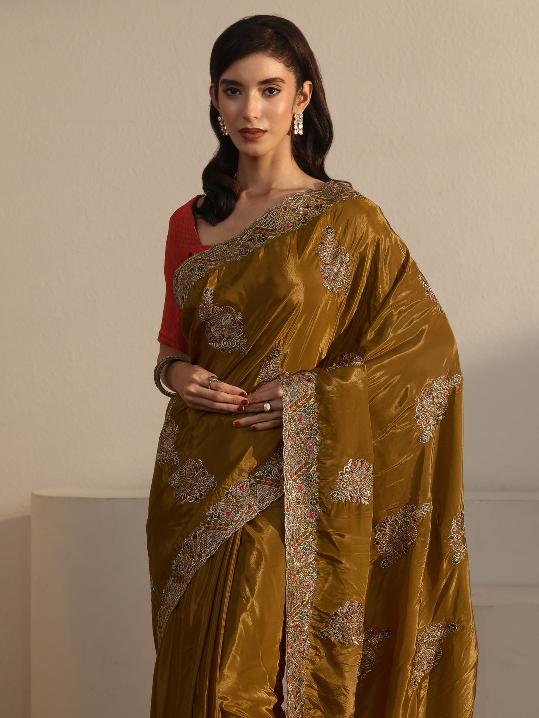 Libas Mustard Ethnic Embroidered Satin Saree