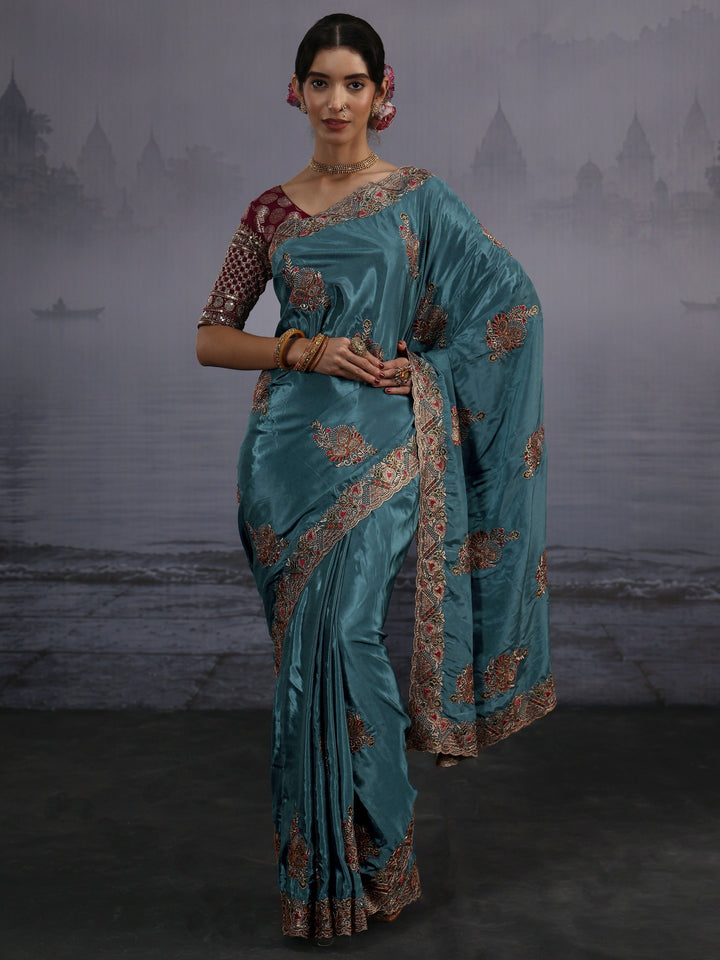 Libas Teal Blue Embroidered Satin Saree