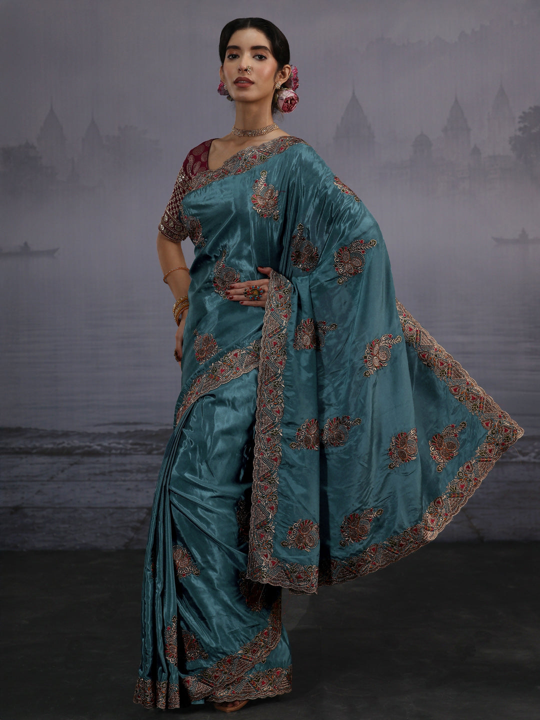 Libas Teal Blue Embroidered Satin Saree