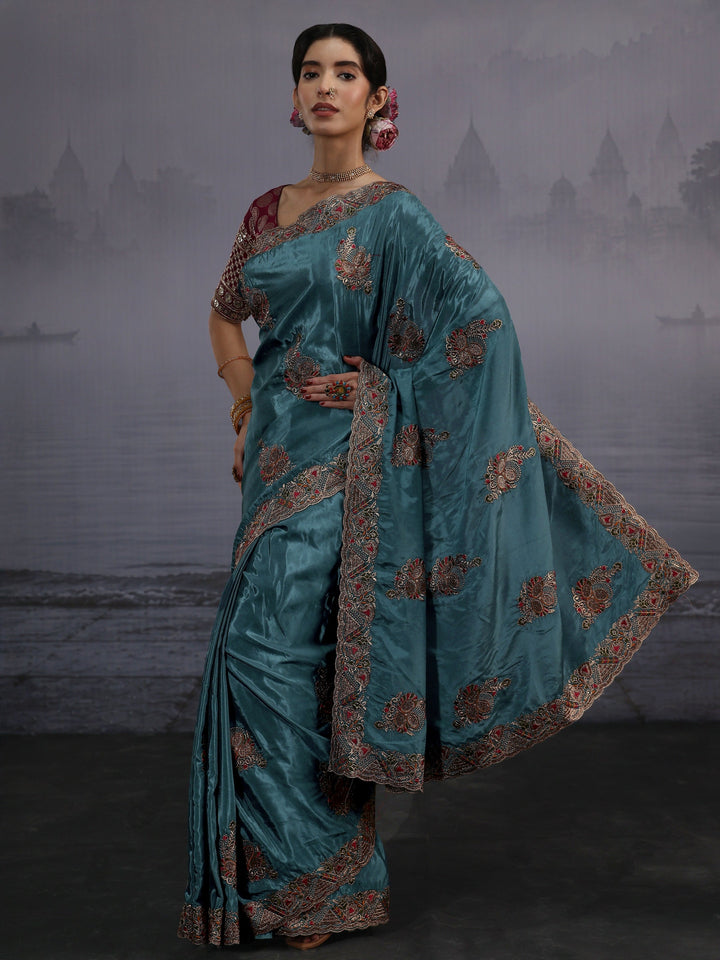 Libas Teal Blue Embroidered Satin Saree