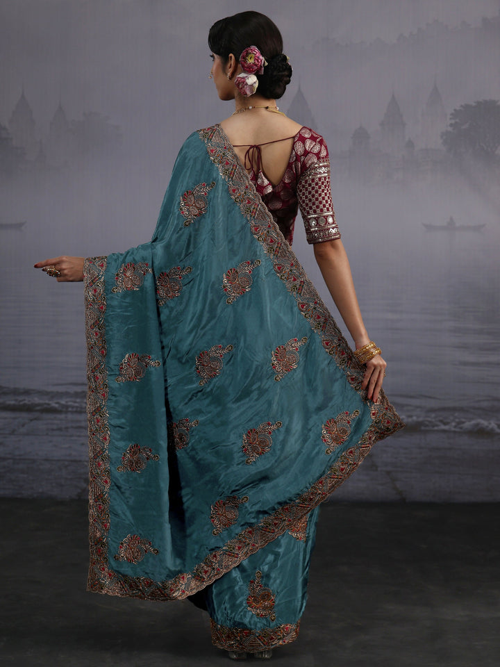 Libas Teal Blue Embroidered Satin Saree